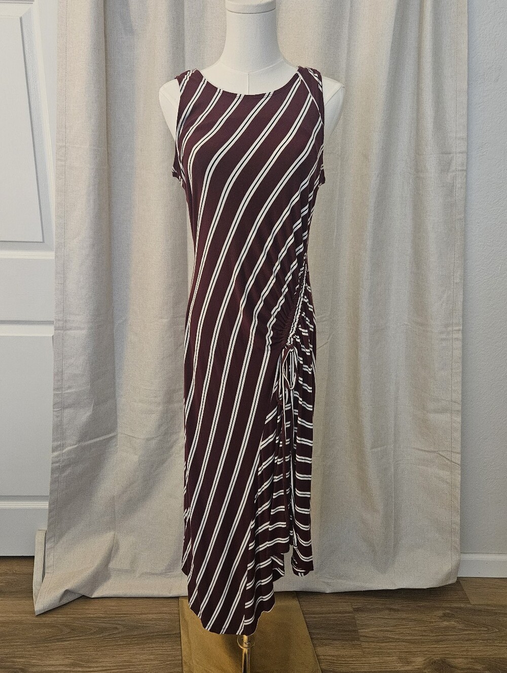 Burgundy and White Striped Maxi Dress with Side Ruched Tie
